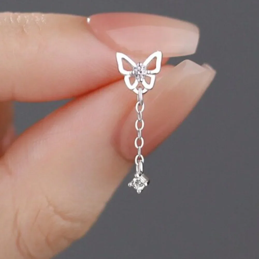 925 Sterling Silver Butterfly Drop Earrings with Crystal Accent - Picture 2 of 4